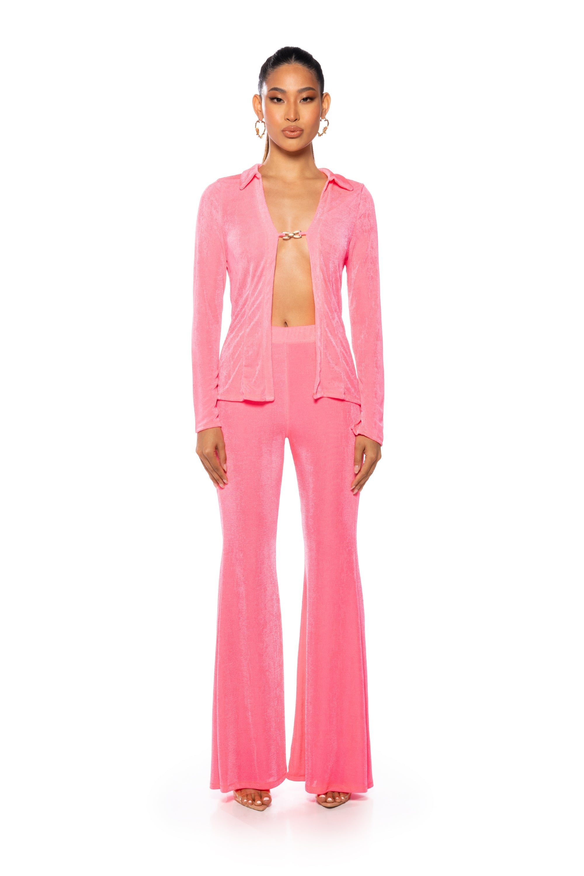 CYNTHIA COLLARED SLINKY BLOUSE IN PINK