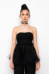 DANCE TO THIS STRAPLESS TULLE PEPLUM BLOUSE