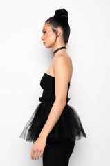 DANCE TO THIS STRAPLESS TULLE PEPLUM BLOUSE