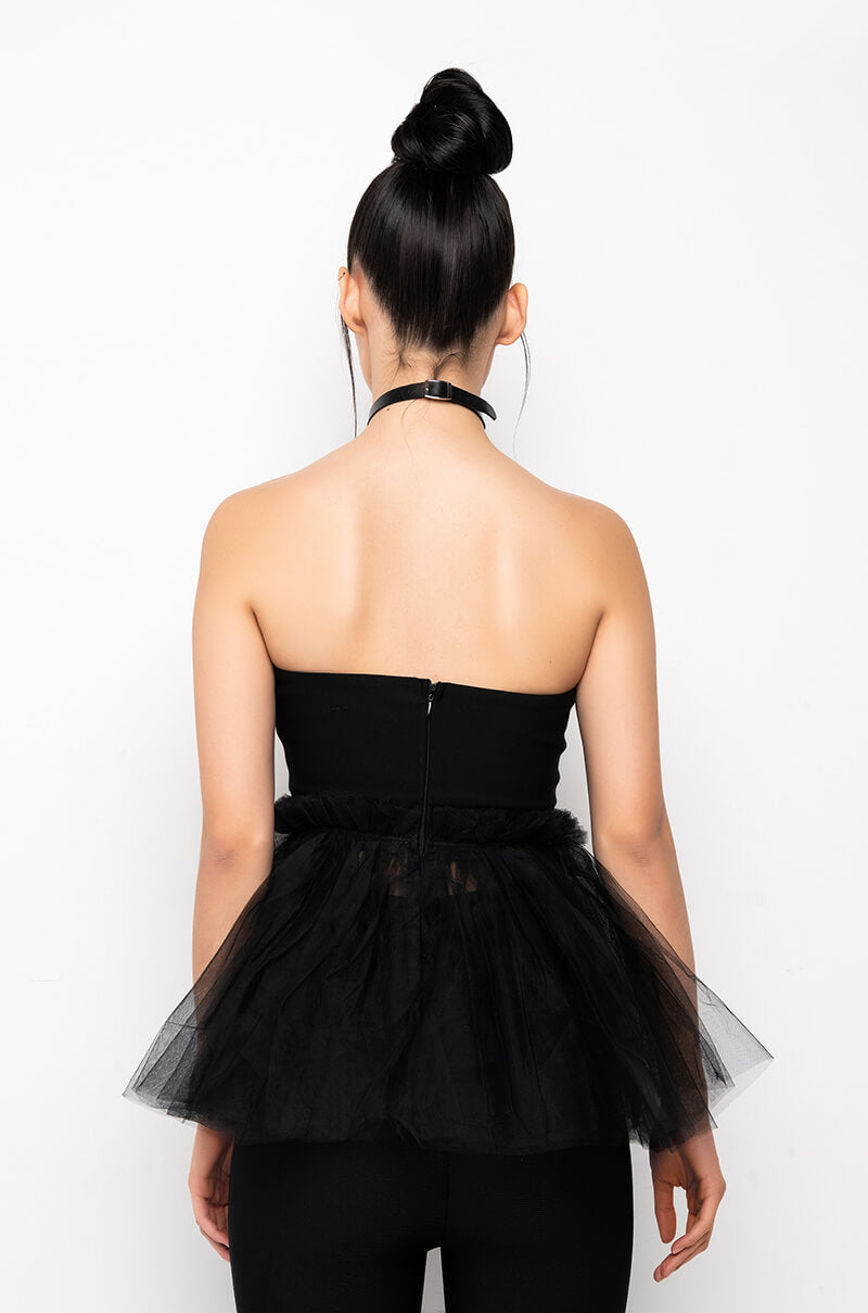 DANCE TO THIS STRAPLESS TULLE PEPLUM BLOUSE