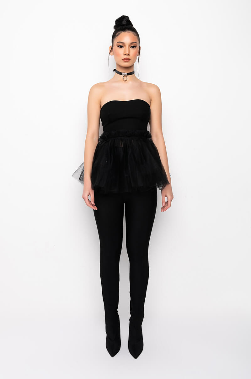 DANCE TO THIS STRAPLESS TULLE PEPLUM BLOUSE