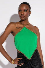 DASH CHAIN DETAIL RIBBED HALTER TOP