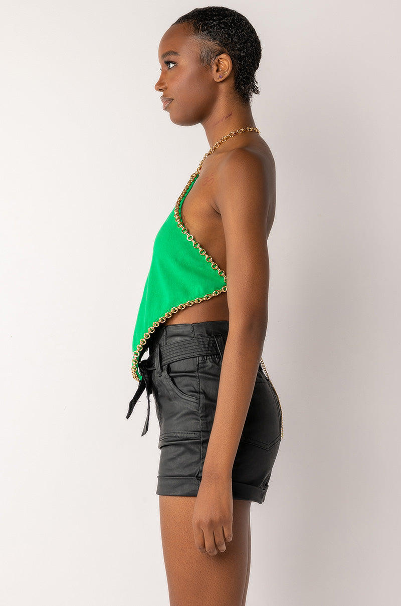 DASH CHAIN DETAIL RIBBED HALTER TOP