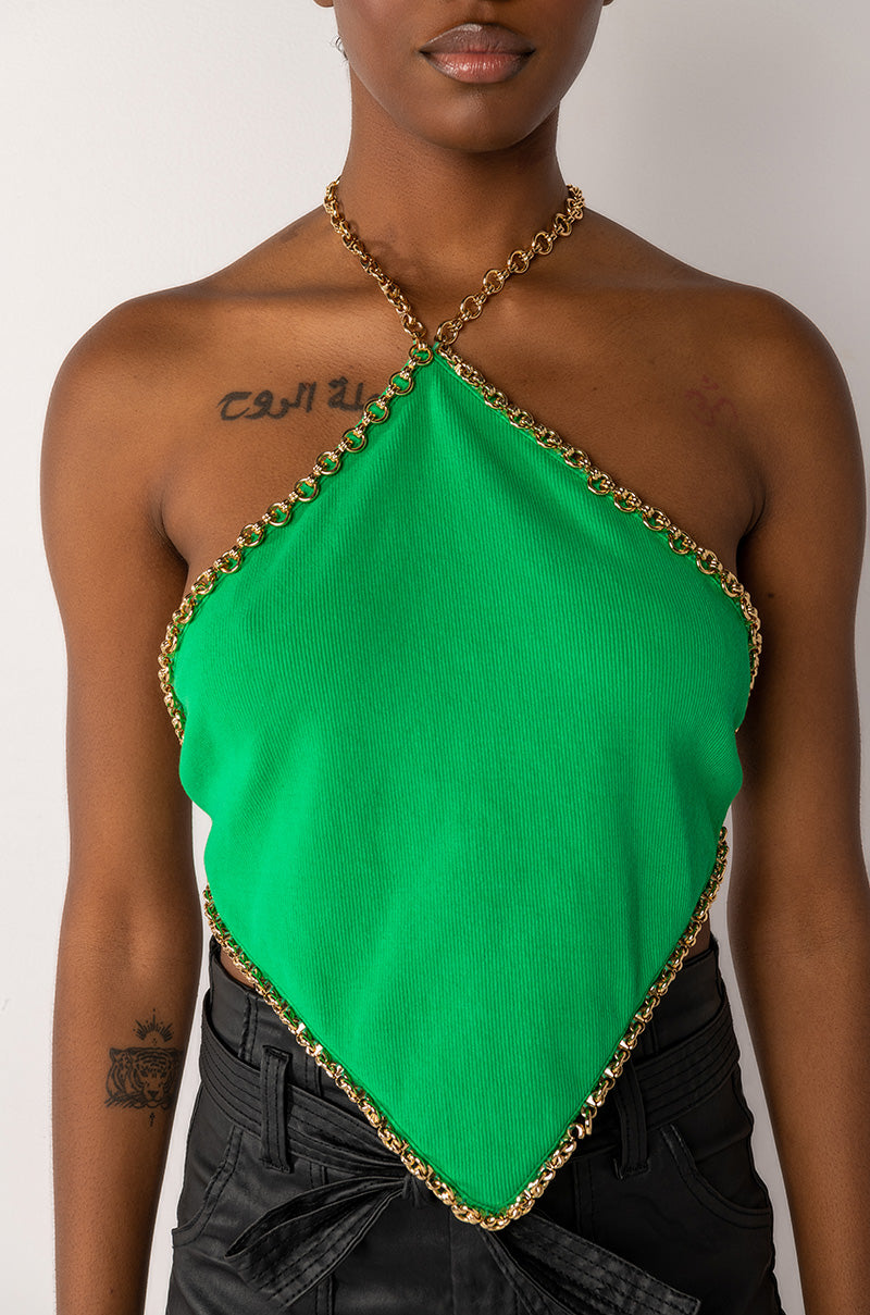 DASH CHAIN DETAIL RIBBED HALTER TOP