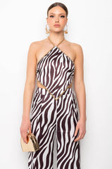 DASH CHAIN DETAIL SATIN HALTER TOP