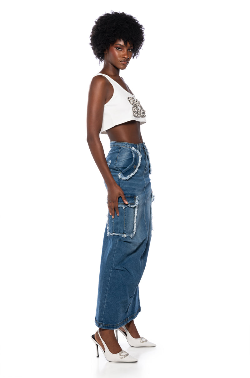 DATE DAYS FRAYED EDGE MAXI SKIRT