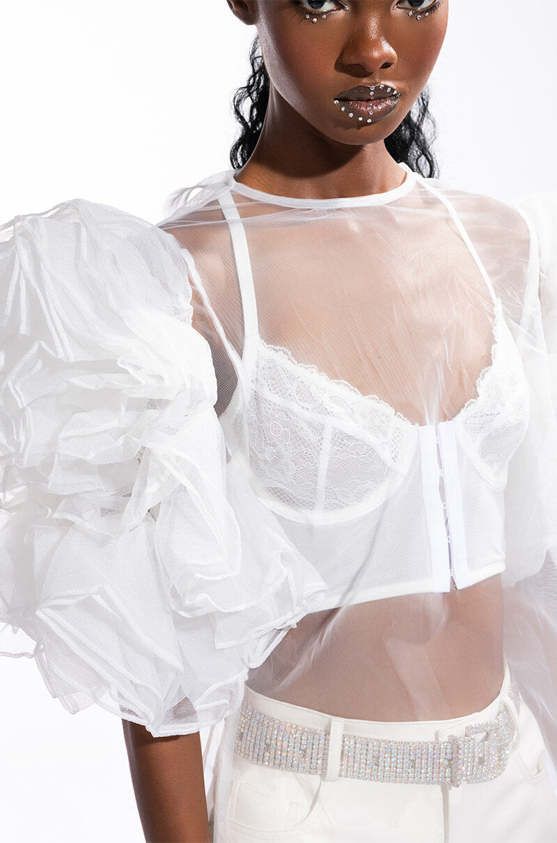 DAYDREAMIN SHEER RUFFLE SLEEVE TIERED DRESS