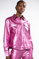 DAYTIME DISCO METALLIC FAUX LEATHER BUTTON DOWN