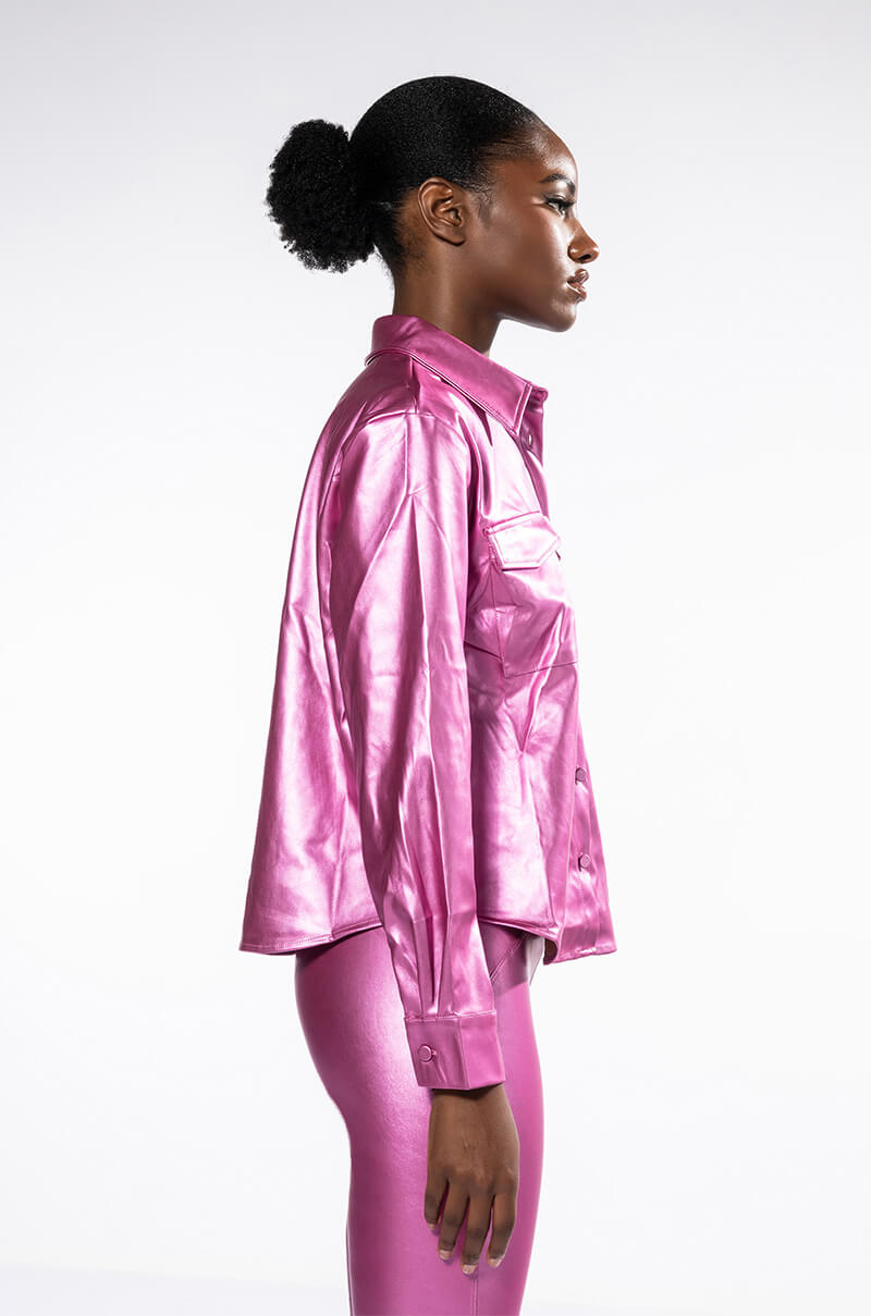 DAYTIME DISCO METALLIC FAUX LEATHER BUTTON DOWN
