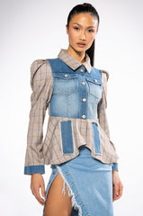 DC MIX MATERIAL DENIM PLAID BLAZER