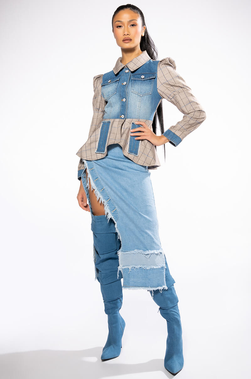 DC MIX MATERIAL DENIM PLAID BLAZER