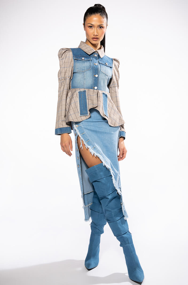 DC MIX MATERIAL DENIM PLAID BLAZER