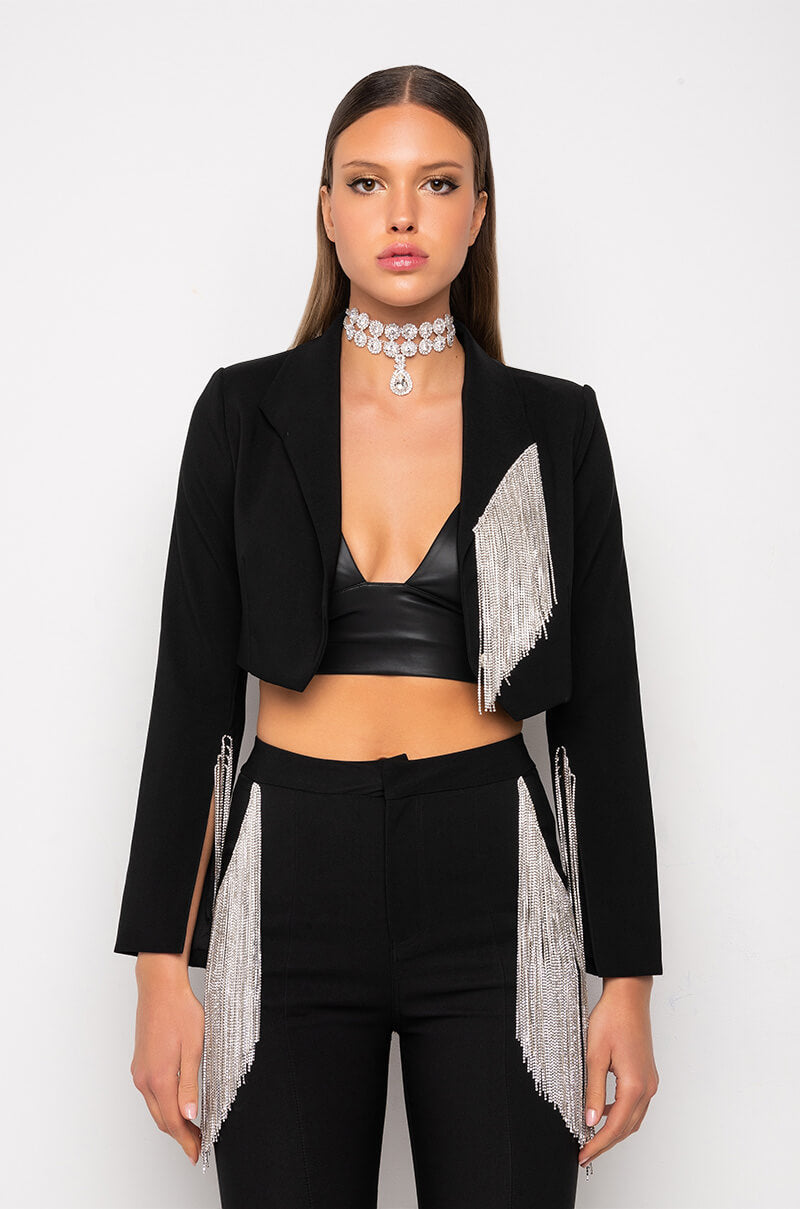 DECKED OUT RHINESTONE FRINGE CROP BLAZER