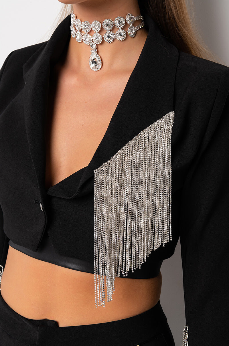 DECKED OUT RHINESTONE FRINGE CROP BLAZER