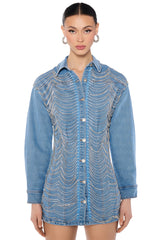 DENIM AND DIAMONDS BUTTON UP MINI DRESS