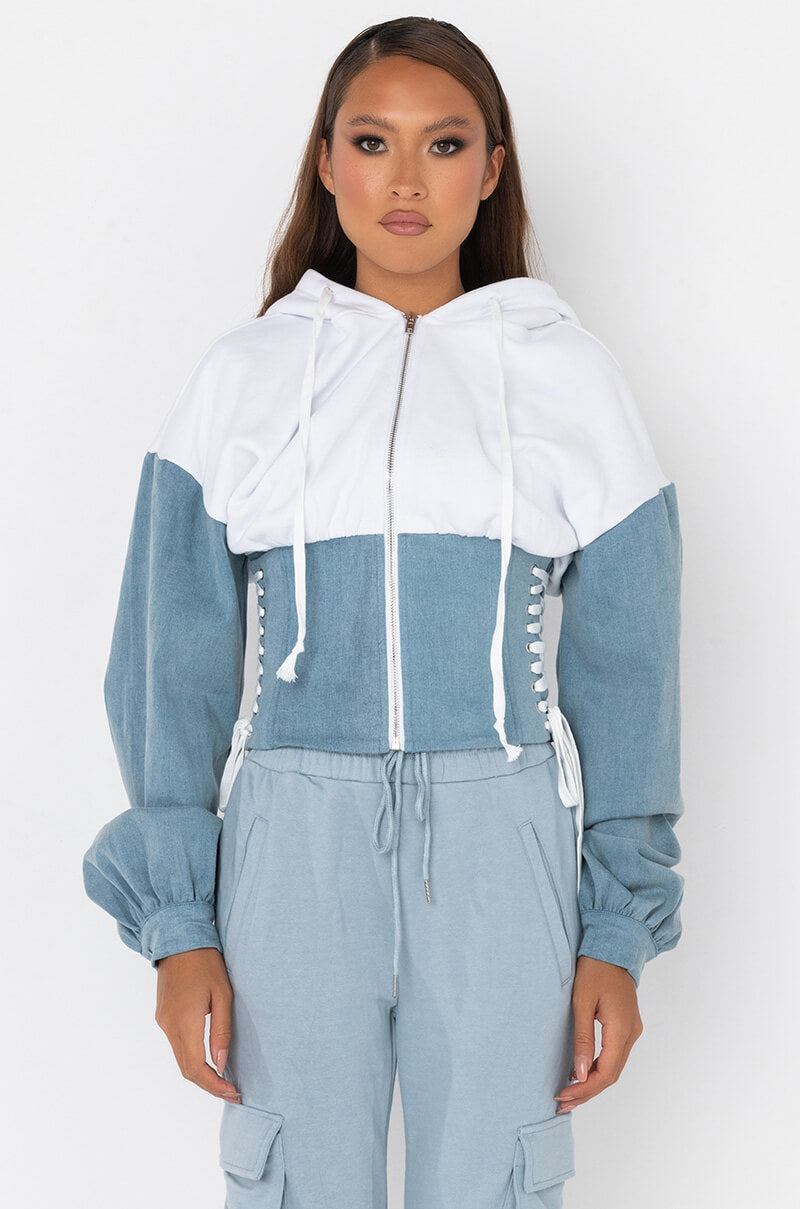 DENIM O'CLOCK CORSETED SWEATSHIRT