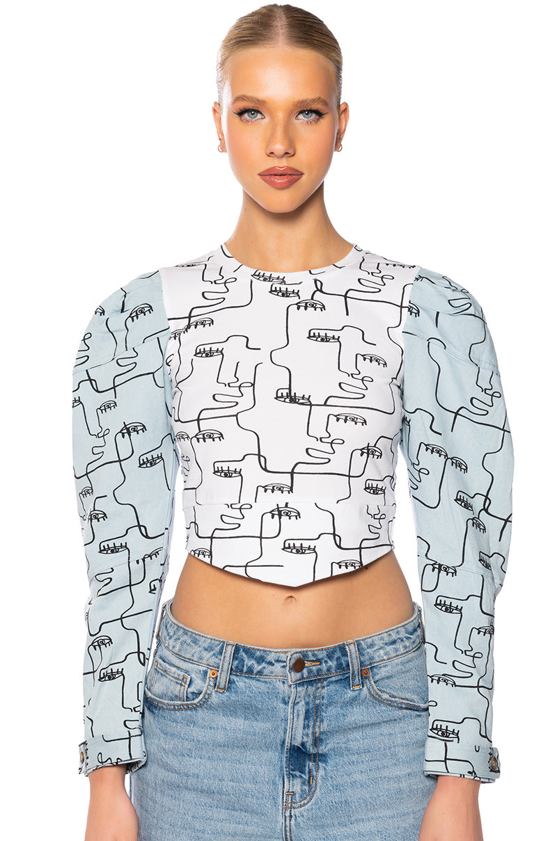 DENIM SLEEVE PRINTED SWEATSHIRT