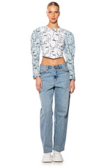 DENIM SLEEVE PRINTED SWEATSHIRT