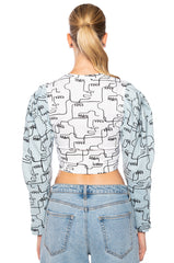 DENIM SLEEVE PRINTED SWEATSHIRT