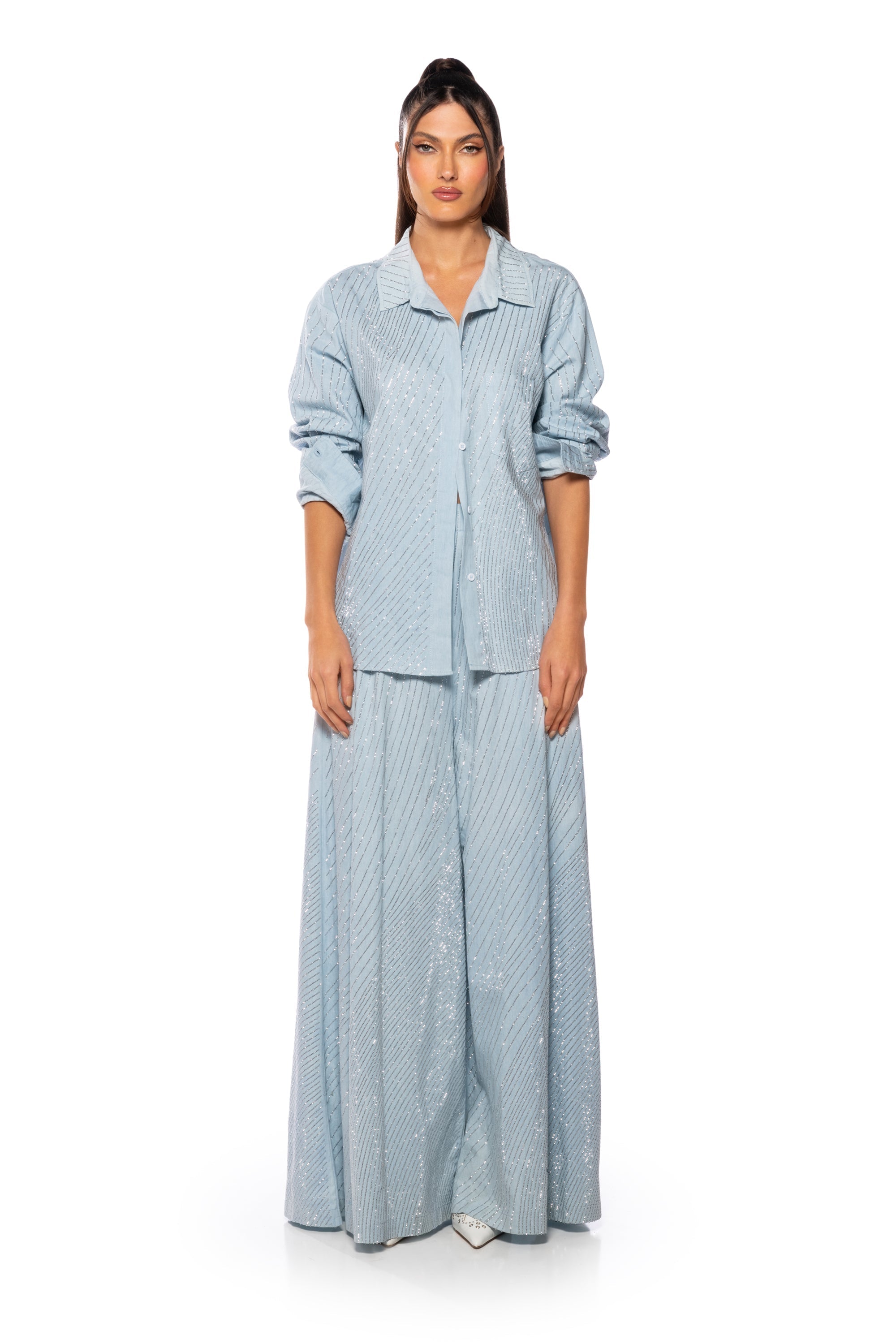 DENIMANIA RHINESTONE WIDE LEG DENIM PANTS