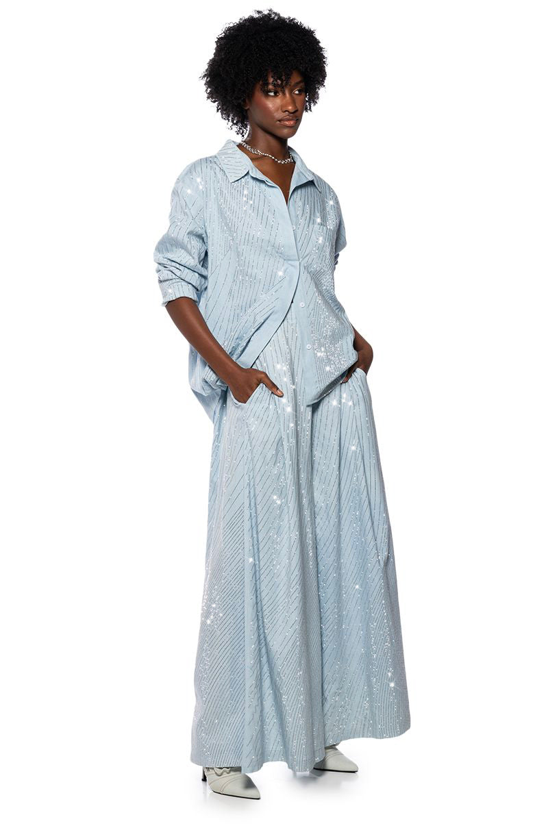 DENIMANIA RHINESTONE WIDE LEG DENIM PANTS
