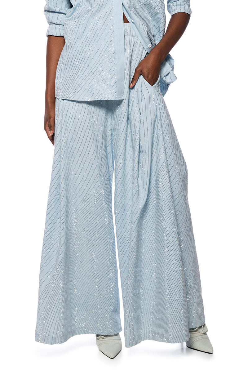 DENIMANIA RHINESTONE WIDE LEG DENIM PANTS