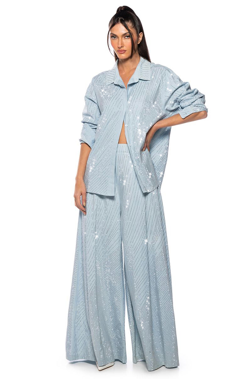 DENIMANIA RHINESTONE WIDE LEG DENIM PANTS