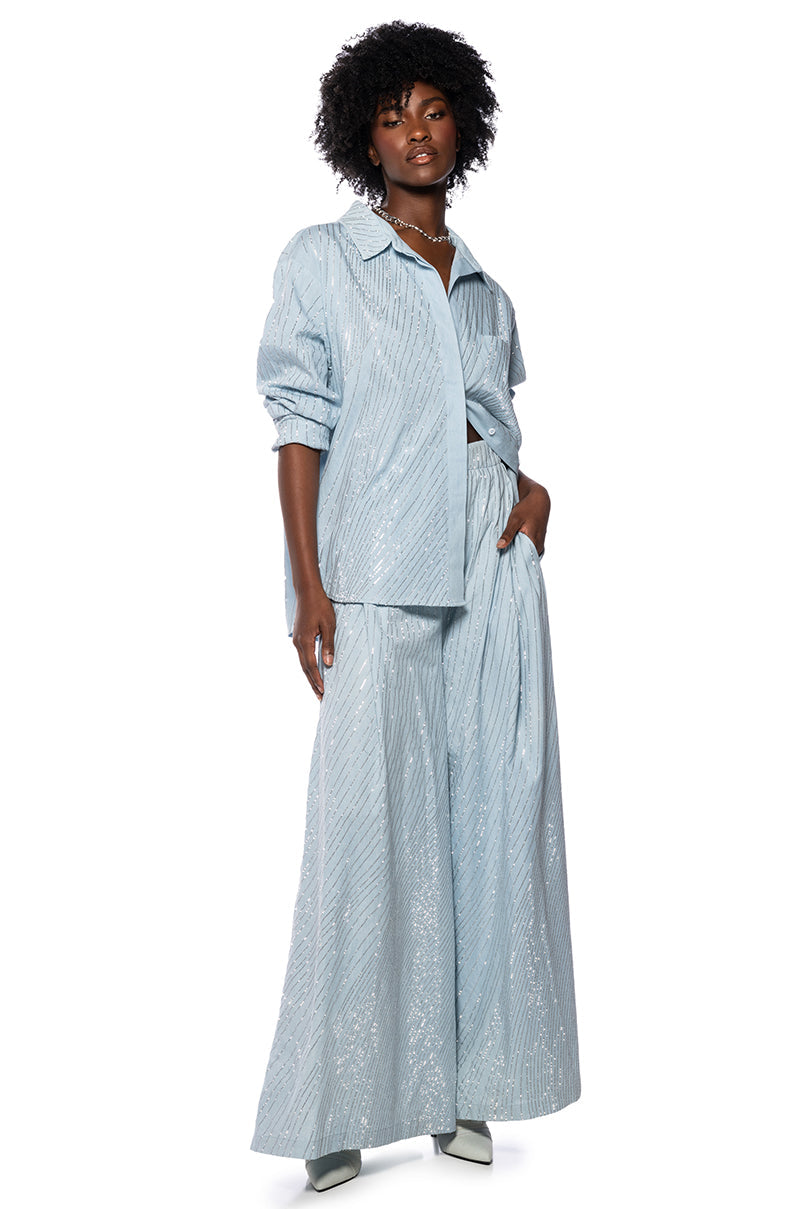 DENIMANIA RHINESTONE WIDE LEG DENIM PANTS