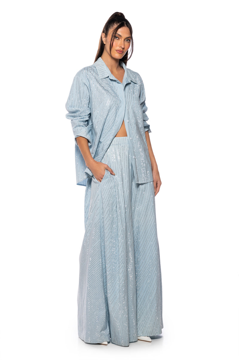 DENIMANIA RHINESTONE WIDE LEG DENIM PANTS