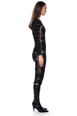 DEVON DENIM AND MESH LONG SLEEVE MIDI DRESS