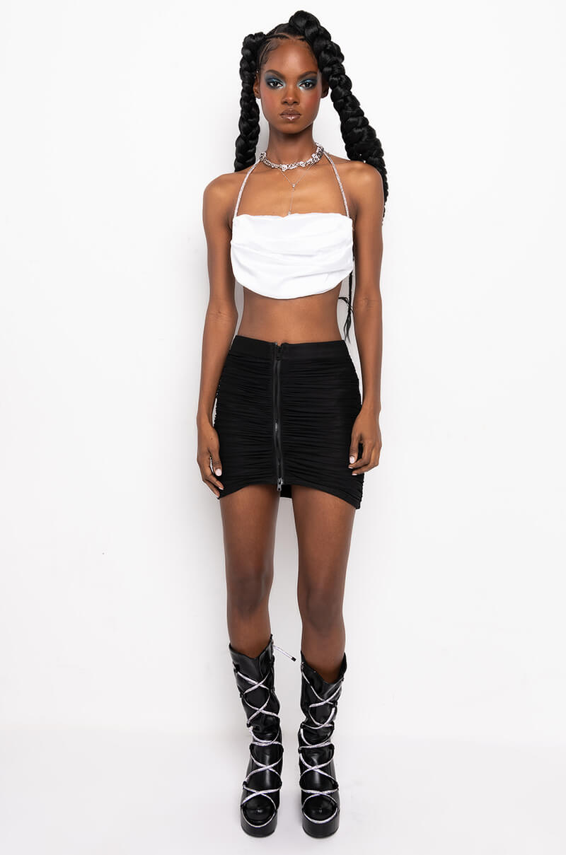DIABOLICAL RUCHED MESH ZIPPERED MINI SKIRT