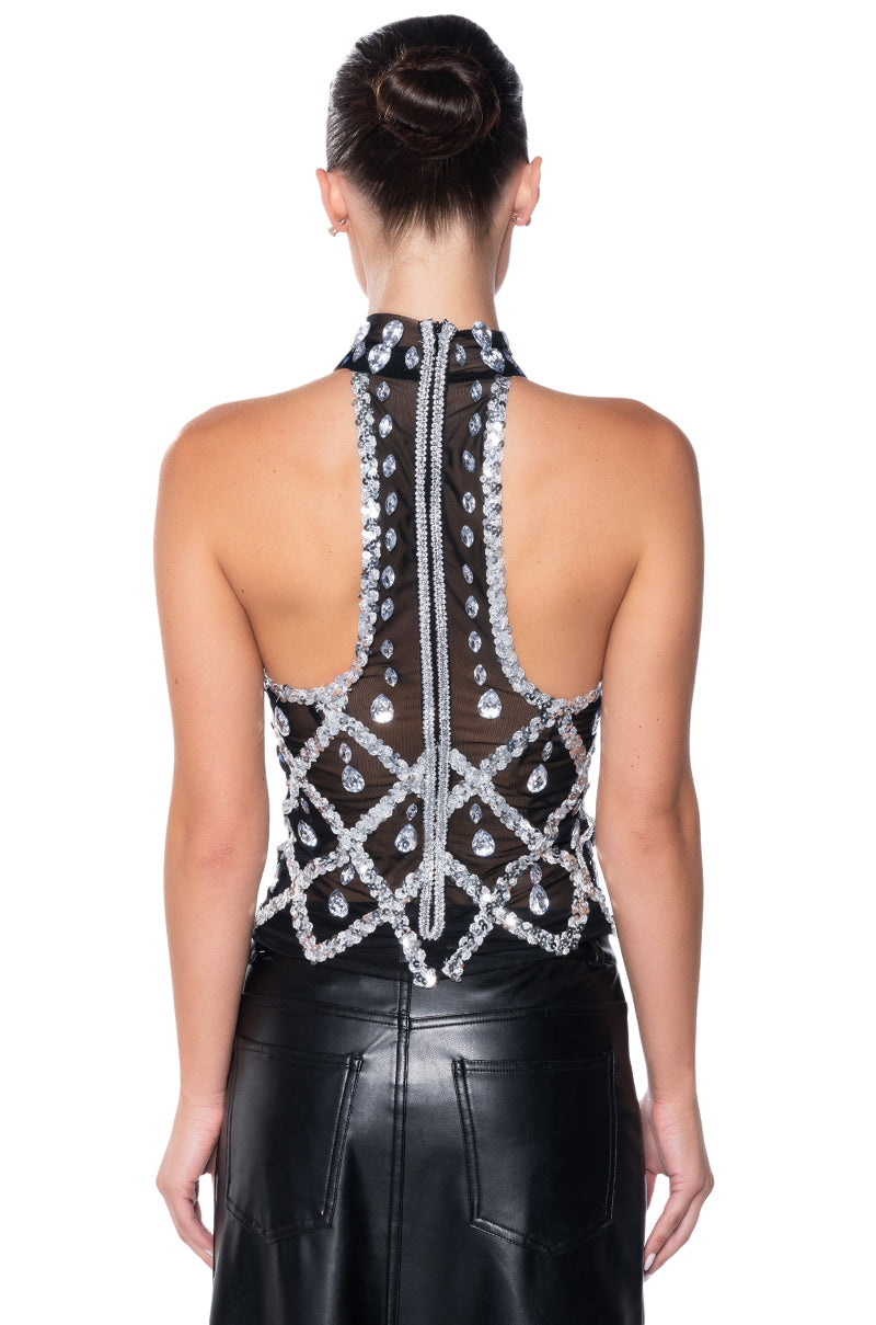 DIAMONDS ARE FOREVER MOCK NECK SLEEVELESS MESH TOP
