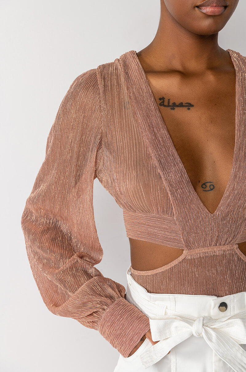 ELLA DEEP V LONG SLEEVE BODYSUIT WITH CUTOUTS
