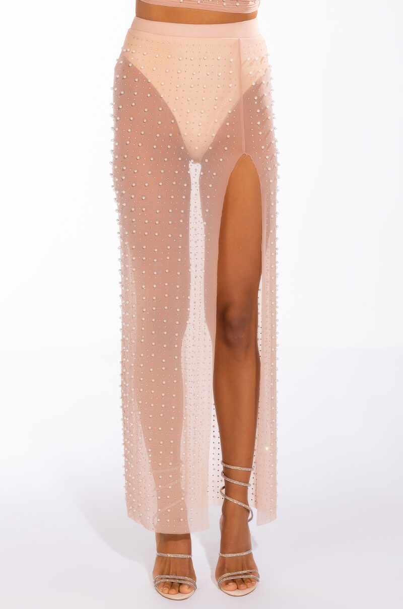 DIONNE EMBELLISHED HIGH SLIT MESH MAXI SKIRT
