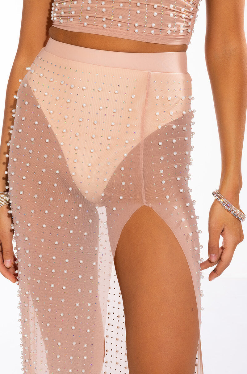 DIONNE EMBELLISHED HIGH SLIT MESH MAXI SKIRT
