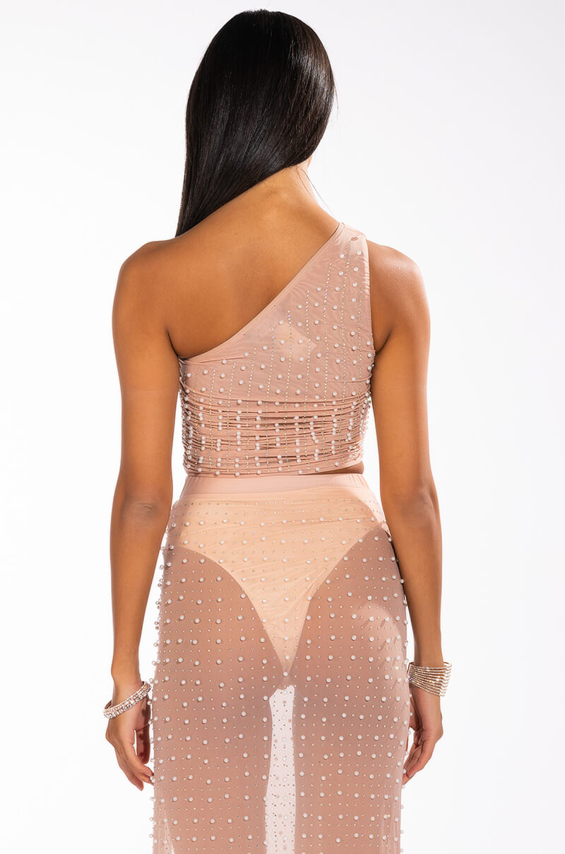 DIONNE EMBELLISHED ONE SHOULDER MESH CROP TOP