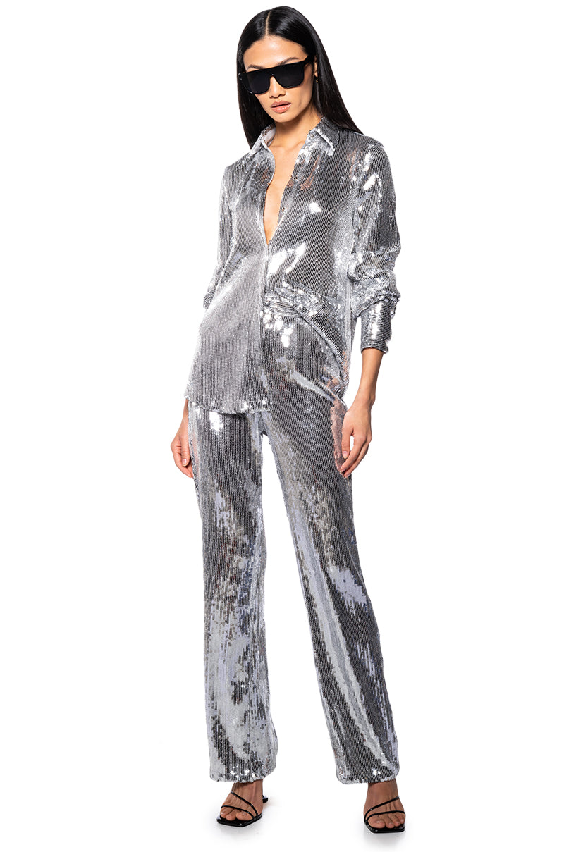DISCO FEVER SEQUIN EMBELLISHED HIGH WAIST FLARE PANT IN SILVER