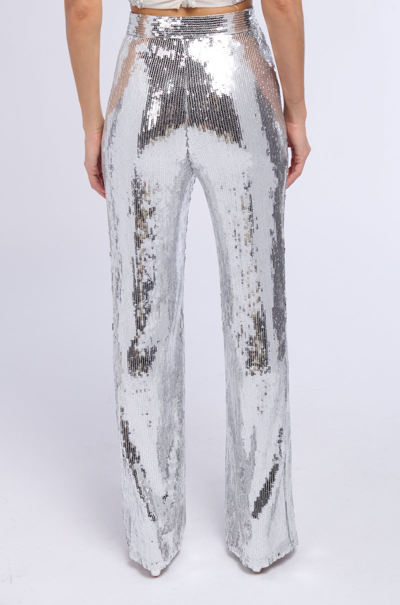 DISCO FEVER SEQUIN EMBELLISHED HIGH WAIST FLARE PANT IN SILVER