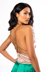 SLEEVELESS CHAIN DETAIL SATIN COWL NECK