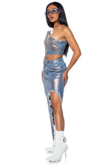 DIVINE TIMING CROPPED METALLIC DENIM TOP