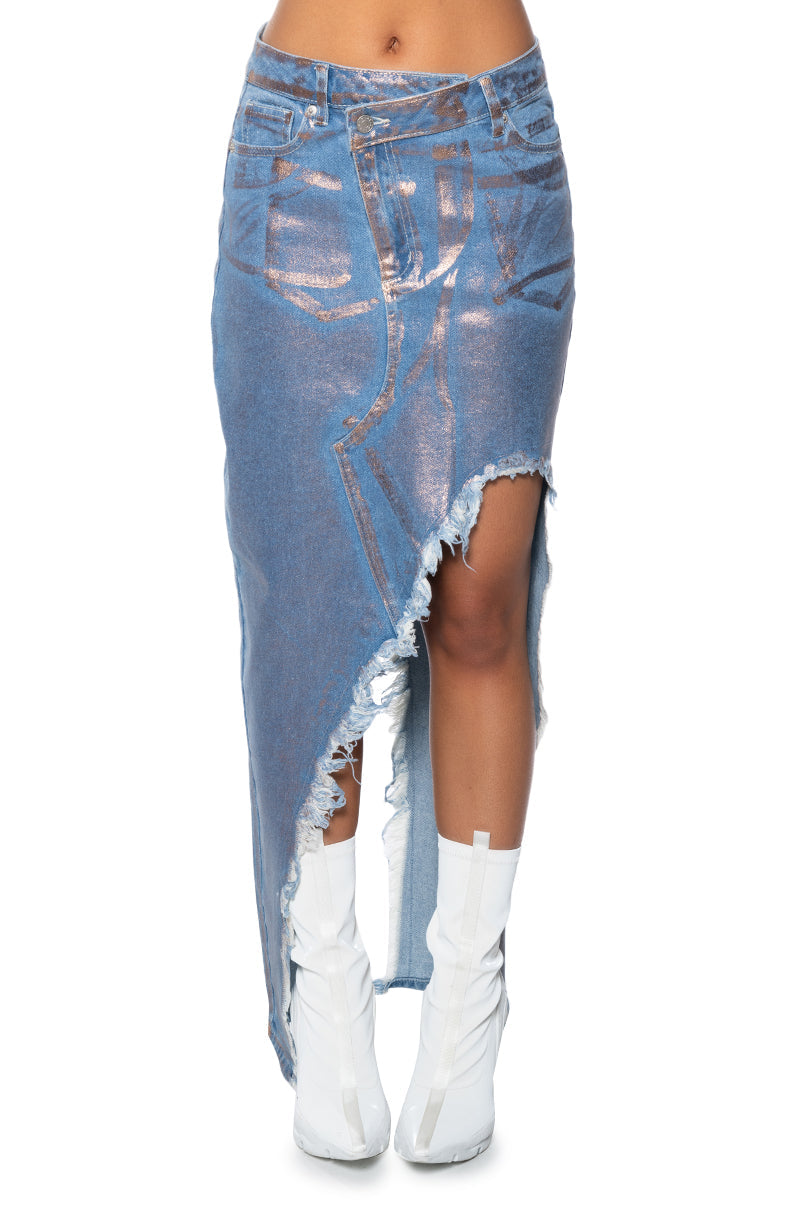 DIVINE TIMING CUT OUT METALLIC DENIM SKIRT