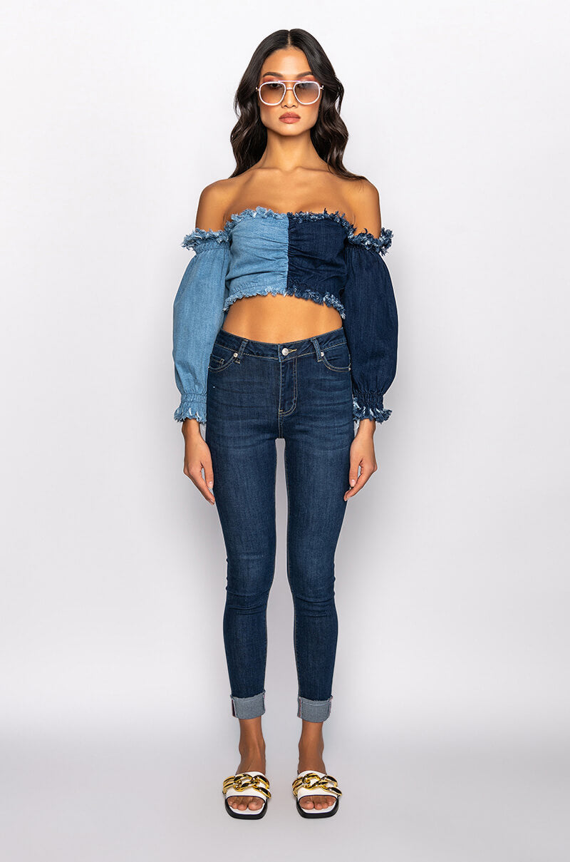 DIANA OFF THE SHOULDER LONG SLEEVE DENIM TOP