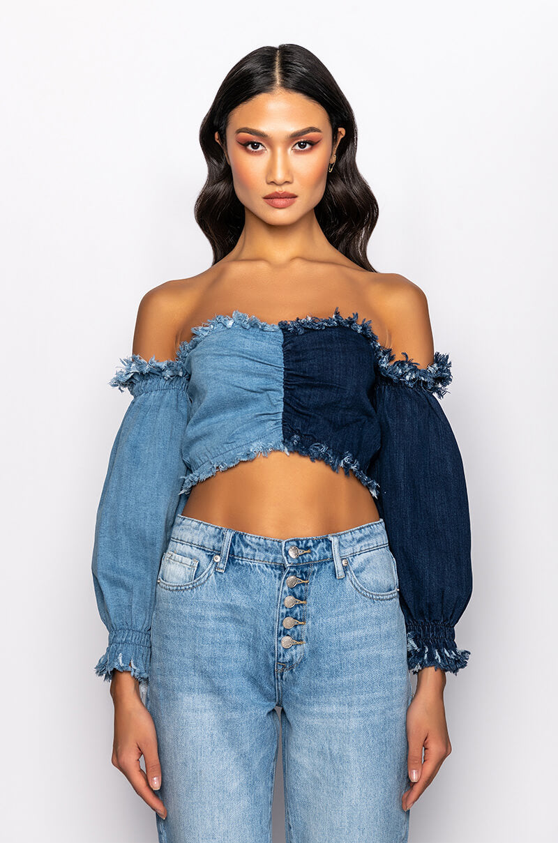 DIANA OFF THE SHOULDER LONG SLEEVE DENIM TOP