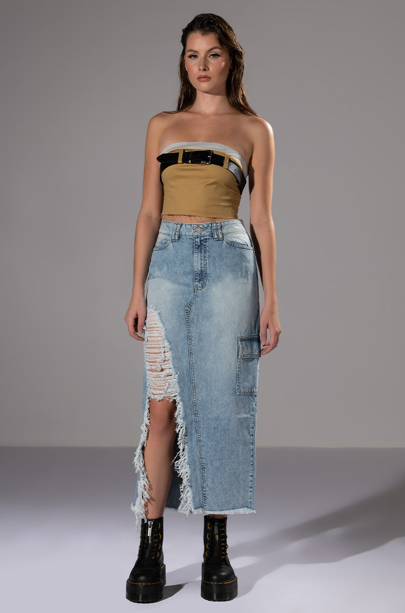 DOUBLE OHS CARGO DISTRESSED MIDI SKIRT