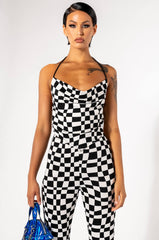DOWN TO BUSINESS COWL NECK MESH CROP TOP
