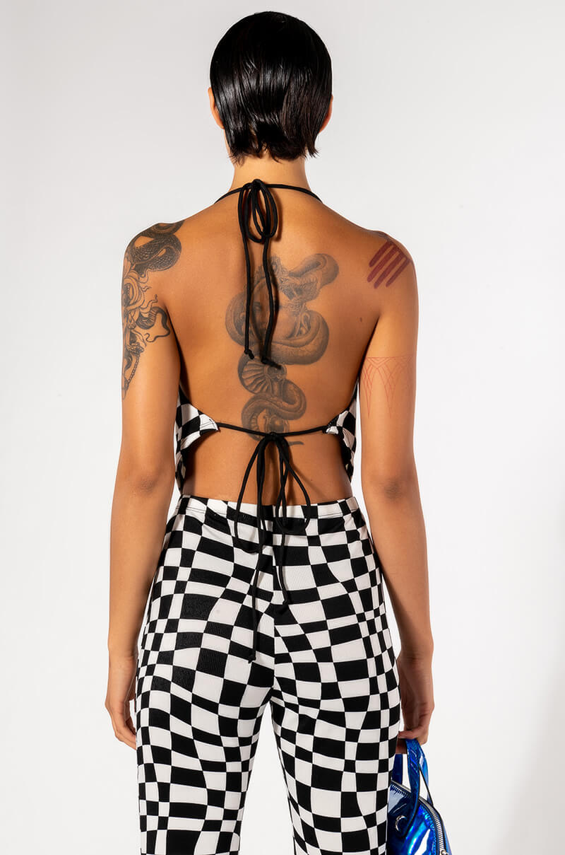 DOWN TO BUSINESS COWL NECK MESH CROP TOP