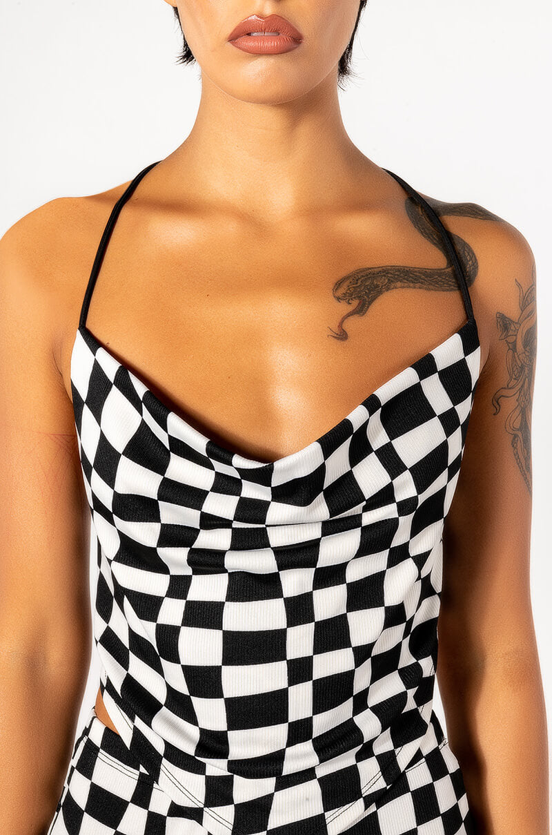 DOWN TO BUSINESS COWL NECK MESH CROP TOP