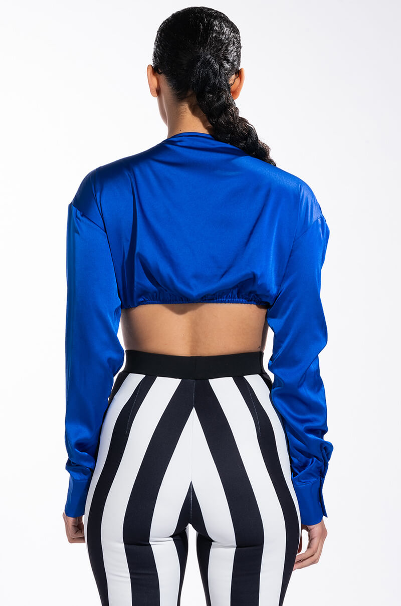 DOWN TO THE WIRE CROPPED LONG SLEEVE V NECK SATIN BLOUSE
