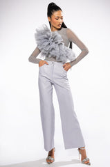 DRAMATIC RUFFLE DETAIL MESH LONG SLEEVE TOP