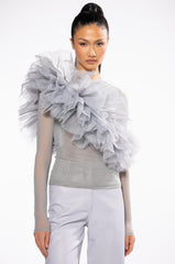 DRAMATIC RUFFLE DETAIL MESH LONG SLEEVE TOP